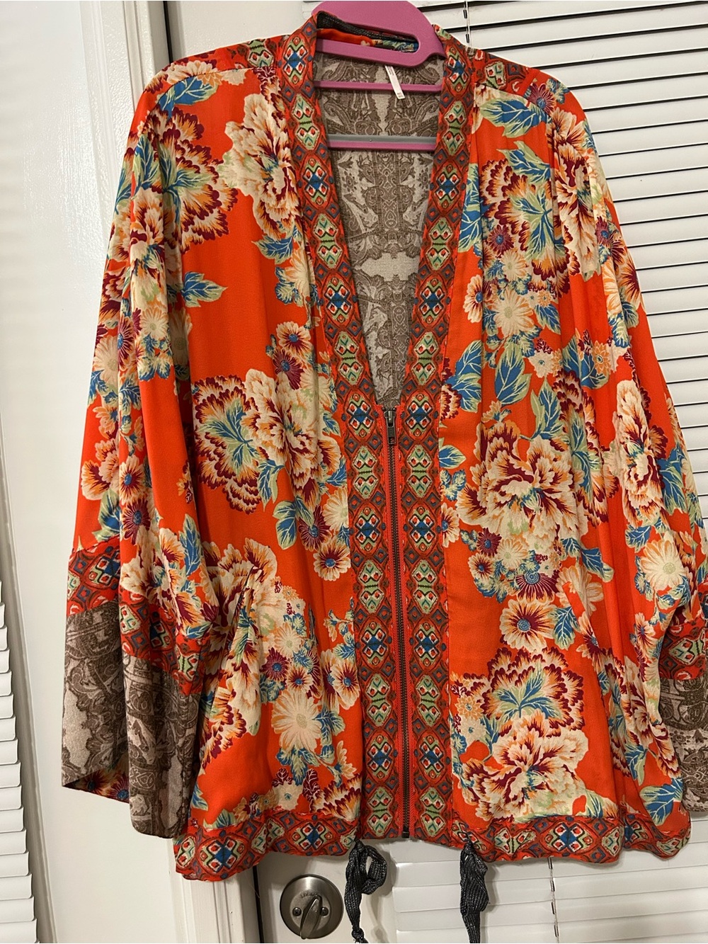 Free People Orange Floral Open-Front Kimono Jacket
